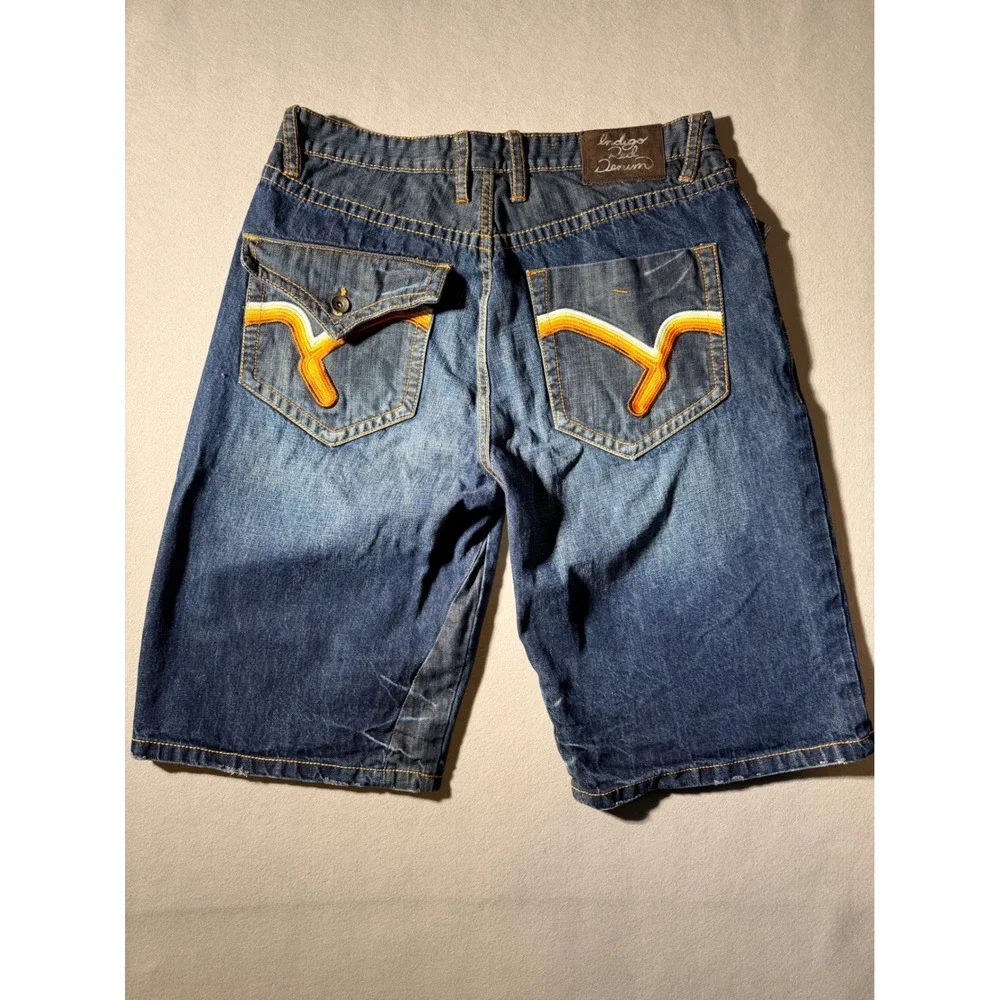 Y2K Indigo Red Denim Co Shorts Mens 36 Blue Baggy Embroidered Streetwear